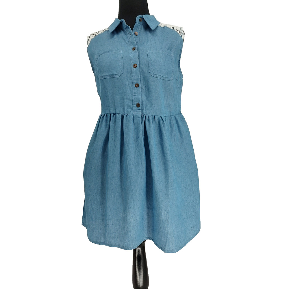 Rodem Woman Blue Chambray Lace Fit&Flare Summer Dress Size Large Pocket Buttons